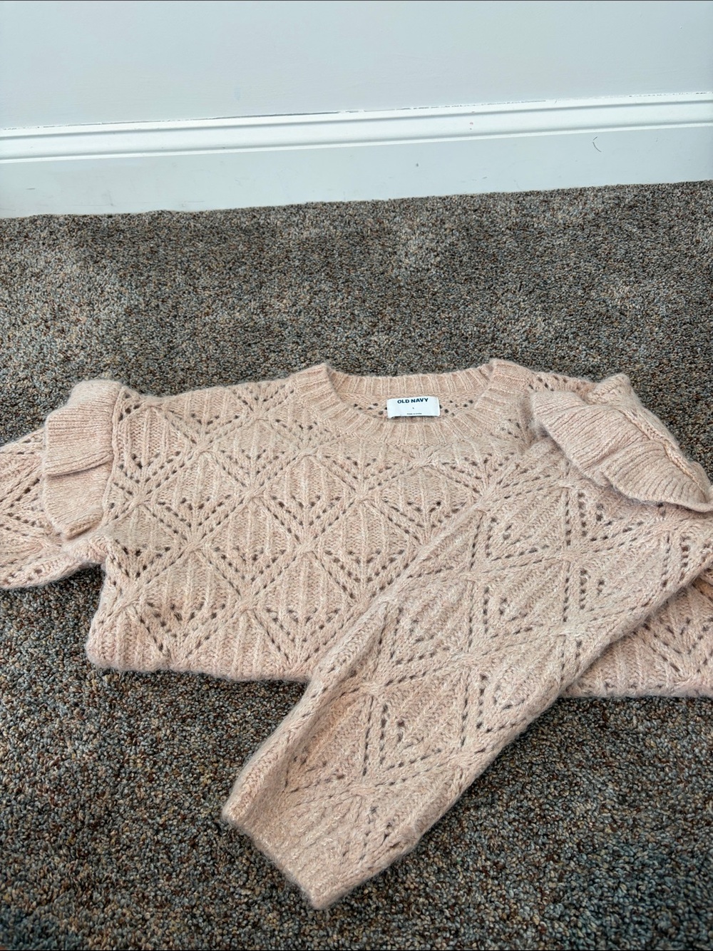 Old Navy Light Pink Pointelle Ruffle Sleeve Crewneck Sweater
